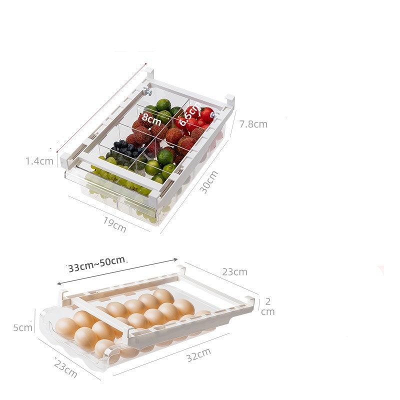 Refrigerator and freezer storage with pull-out egg and vegetable drawer