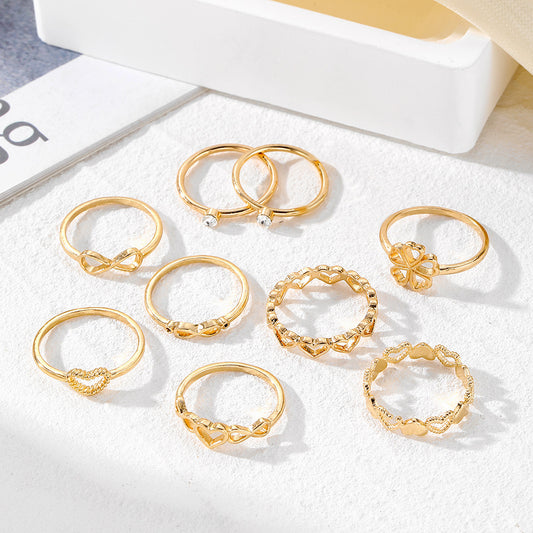 9-delat Ringset med Vintagekänsla – Hjärtformade Ringar med Kristallstenar