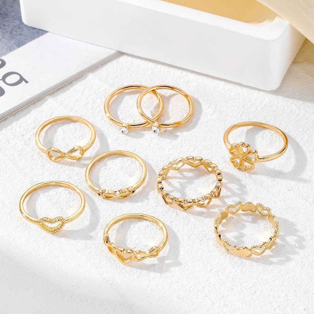 9-delat Ringset med Vintagekänsla – Hjärtformade Ringar med Kristallstenar