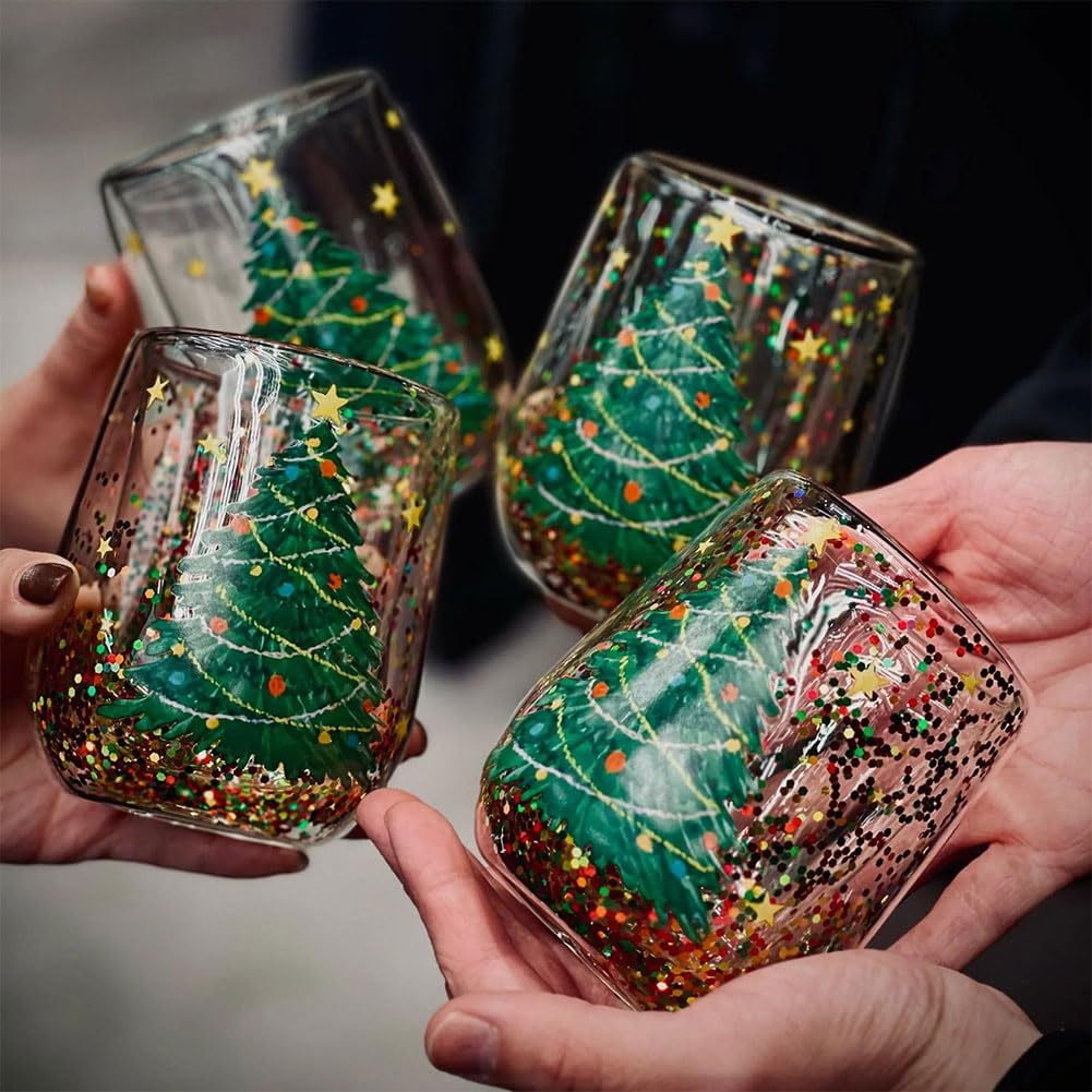 Julgransmugg i Glas med Flytande Glitter – Dubbla Lager & Handblåst Elegans för Julens Mysigaste Stunder!