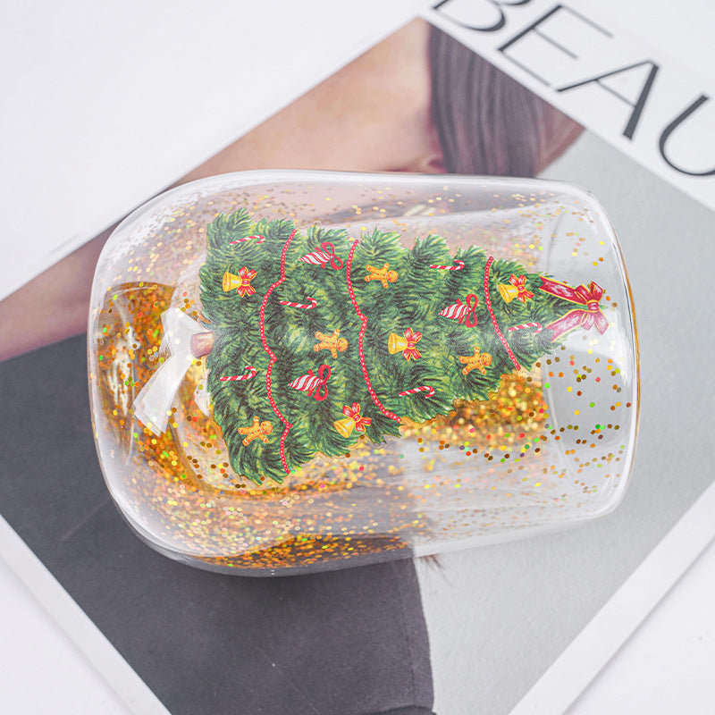 Julgransmugg i Glas med Flytande Glitter – Dubbla Lager & Handblåst Elegans för Julens Mysigaste Stunder!
